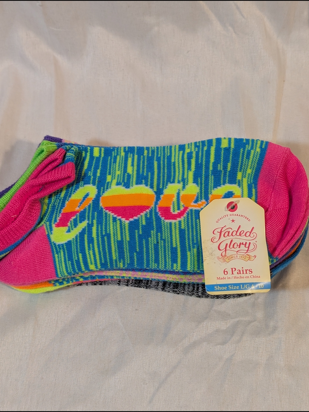 Faded Glory Neon Blue Low-Cut Socks with Pink and Lime Accents